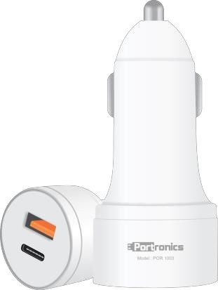 Portronics CarPower PD POR-1003, Dual Port Car Charger with Type-C PD 18W Port and USB A Quick Charge QC 3.0 Port, LED Indicator (White)
